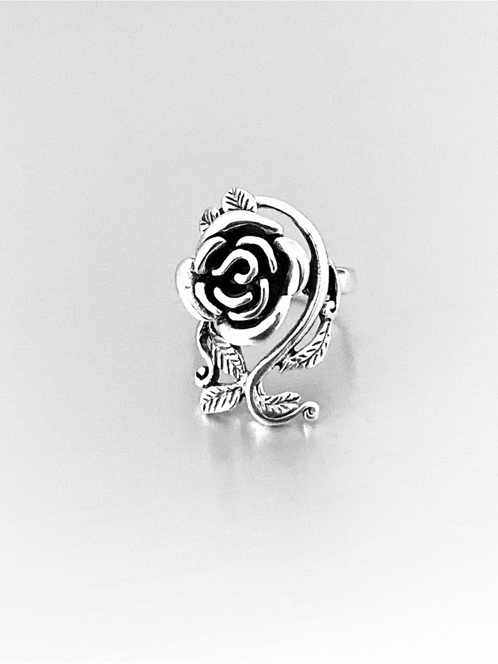 925 Sterling Silver Rose Ring with Branch Leaves, Love Roses Flower Silver Rings